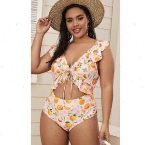 SHEIN Pink and Orange Ruffle One Piece Swimsuit